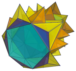 Perspective projection of
the tetrahedra in the grand antiprism sharing a face with the antiprisms in the
blue ring, with reverse visibility clipping applied