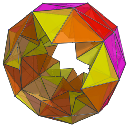 Perspective projection of
the tetrahedra in the grand antiprism sharing a face with the antiprisms in the
red ring