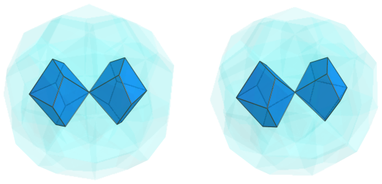 Parallel
projection of the square antitegmatic hecatontetracontatetrachoron, showing a
pair of square trapezohedra