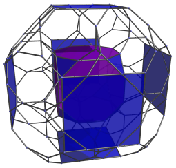 Cell-first
projection of bitruncated 24-cell into 3D, with 6 equatorial cells
shown and nearest cell shown.