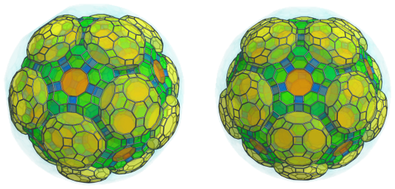 Parallel
projection of the omnitruncated 120-cell, showing 20 more great
rhombicosidodecahedra