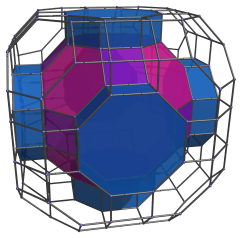 Great
rhombicuboctahedral projection of omnitruncated tesseract, with 6 octagonal
prisms shown