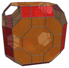 Great
rhombicuboctahedral projection of omnitruncated tesseract, with octagonal
prismic equatorial cells now shown