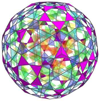 Parallel
projection of the rectified 120-cell, showing the seventh truncated rhombic
triacontahedral layer of tetrahedra