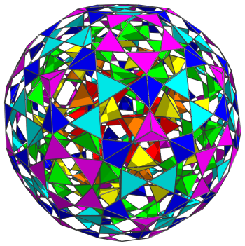 Parallel
projection of the rectified 120-cell, showing all northern hemisphere
tetrahedra
