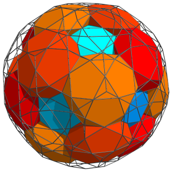 Parallel
projection of the rectified 120-cell, showing 20 more icosidodecahedra
