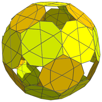 Parallel
projection of the rectified 120-cell, showing 30 equatorial
icosidodecahedra