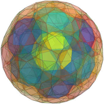 Perspective
projection of the rectified 120-cell, showing icosidodecahedral
cells