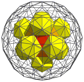 Parallel
projection of the rectified 600-cell, with 12 more icosahedral cells
shown