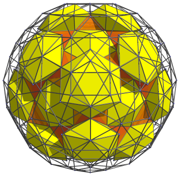 Parallel
projection of the rectified 600-cell, with 20 more icosahedral cells
shown