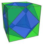 Parallel projection
of the rectified tesseract, showing 8 tetrahedra with cuboctahedron