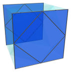 Parallel projection
of the rectified tesseract, showing 1st pair of equatorial cuboctahedra