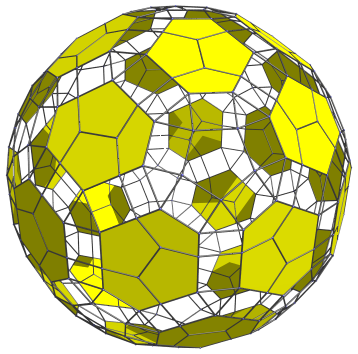 Parallel
projection of the runcinated 120-cell, showing 30 dodecahedra at equator