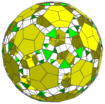 Parallel
projection of the runcinated 120-cell, showing 60 tetrahedra at equator