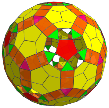 Parallel
projection of the runcinated 120-cell, with 20 triangular prisms at
equator