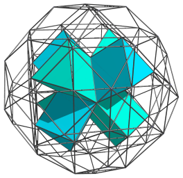 Parallel
projection of the runcinated 24-cell, showing 8 triangular prisms surrounding
nearest octahedron