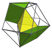 Parallel
projection of the runcinated 5-cell, showing 2 of 6 other triangular prisms