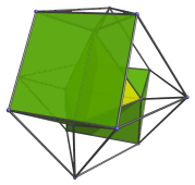 Parallel projection of the runcinated
5-cell, showing another 2 of the 6 triangular prisms