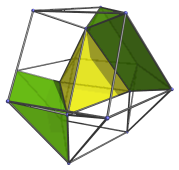 Parallel projection of the runcinated
5-cell, showing last pair of the 6 triangular prisms