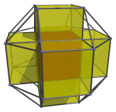 Parallel
projection of the runcinated tesseract into 3D, with nearest cell and 6
neighbouring cubes shown