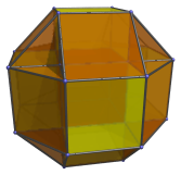 Parallel
projection of the runcinated tesseract into 3D, now with 12 triangular prisms
shown