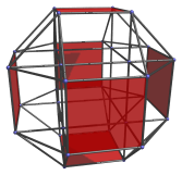 Parallel
projection of the runcinated tesseract into 3D, with 6 equatorial cells
shown
