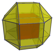 Perspective
projection of the runcinated tesseract into 3D, centered on cube