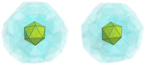 Parallel
projection of the runcinated snub 24-cell, showing nearest icosahedron