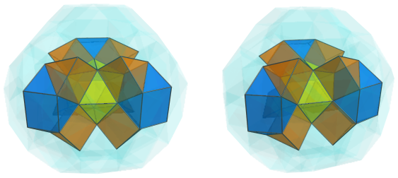 Parallel
projection of the runcinated snub 24-cell, showing 3 of 12 triangular
cupolae