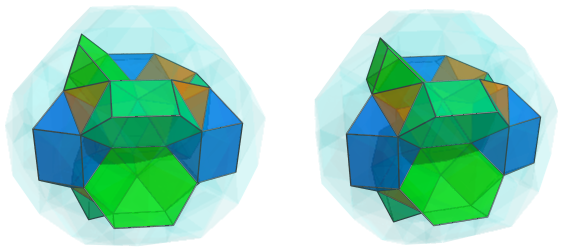 Parallel
projection of the runcinated snub 24-cell, showing 9 of 12 triangular
cupolae