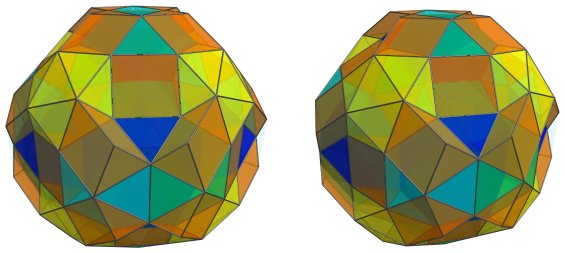 Parallel
projection of the runcinated snub 24-cell, showing 24 more triangular
prisms