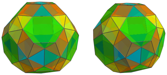 Parallel
projection of the runcinated snub 24-cell, showing 12 more triangular
cupolae