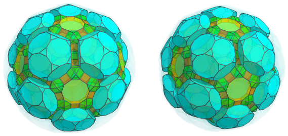 Parallel
projection of the runcitruncated 120-cell, showing 20 more truncated
dodecahedra
