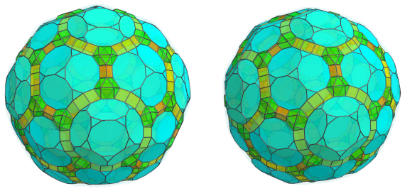 Parallel
projection of the runcitruncated 120-cell, showing 12 more truncated
dodecahedra