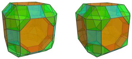 Parallel
projection of the runcitruncated tesseract, adding 12 triangular prisms