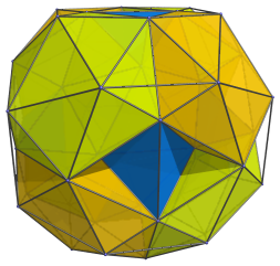 Parallel
projection of the snub 24-cell, adding 4 more icosahedra
