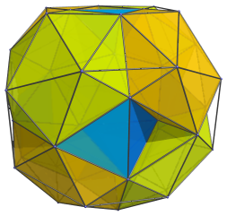 Parallel
projection of the snub 24-cell, adding 6 tetrahedra