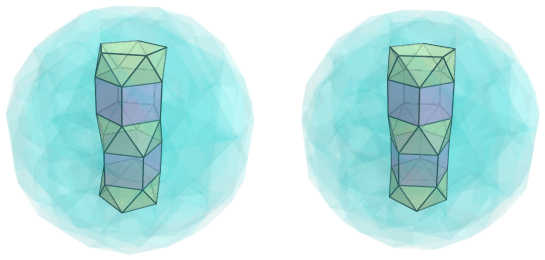 Parallel projection of
swirlprismatodiminished rectified 600-cell, showing two more pentagonal
antiprisms