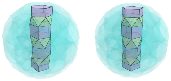 Parallel projection of
swirlprismatodiminished rectified 600-cell, showing two more pentagonal
prisms