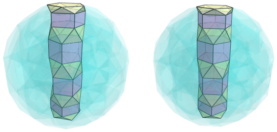 Parallel projection of
swirlprismatodiminished rectified 600-cell, showing 5 pentagonal antiprisms and
4 pentagonal prisms on the far side