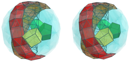 Parallel projection of
swirlprismatodiminished rectified 600-cell, showing third ring of alternating
prisms and antiprisms