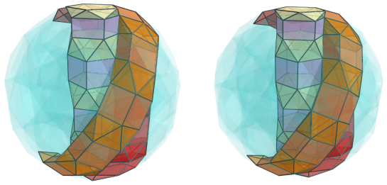 Parallel projection of
swirlprismatodiminished rectified 600-cell, showing far side cells of third
ring of alternating prisms and antiprisms