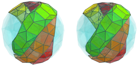 Parallel projection of
swirlprismatodiminished rectified 600-cell, showing far side cells of fifth
ring of alternating prisms and antiprisms