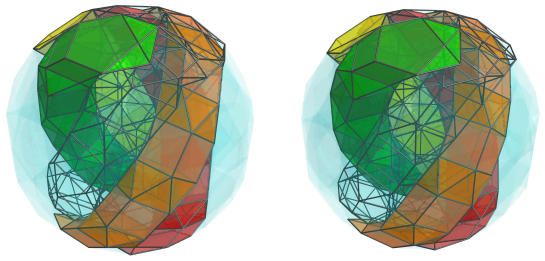 Parallel projection of
swirlprismatodiminished rectified 600-cell, showing far side cells of sixth
ring of alternating prisms and antiprisms