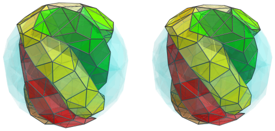 Parallel projection of
swirlprismatodiminished rectified 600-cell, showing first 6 rings