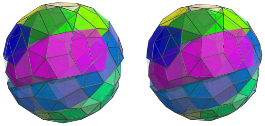 Parallel projection of
swirlprismatodiminished rectified 600-cell, showing far side of 10th
ring