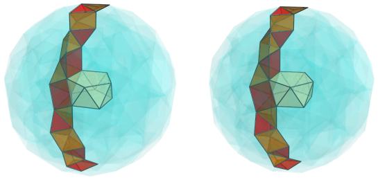 Parallel projection of
swirlprismatodiminished rectified 600-cell, showing nearest pentagonal
antiprism and front half of 1st square pyramid ring