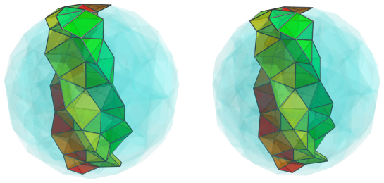 Parallel projection of
swirlprismatodiminished rectified 600-cell, showing nearest pentagonal
antiprism and front half of 3rd square pyramid ring