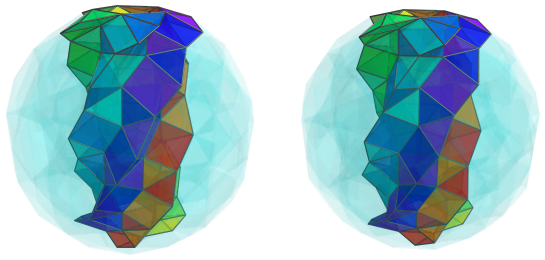 Parallel projection of
swirlprismatodiminished rectified 600-cell, showing back half of 5th square
pyramid ring