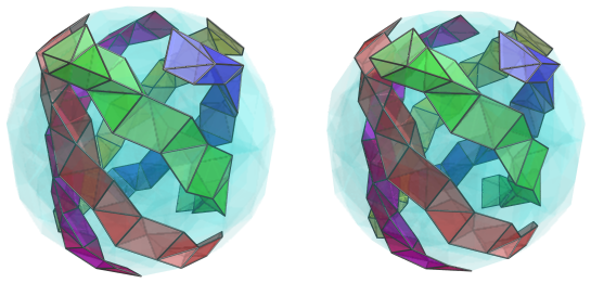 Parallel projection of
swirlprismatodiminished rectified 600-cell, showing front halves of 6th to 10th
square pyramid rings